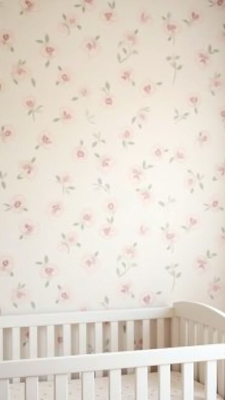 Floral accent wallpaper wall behind a white crib in a girl nursery