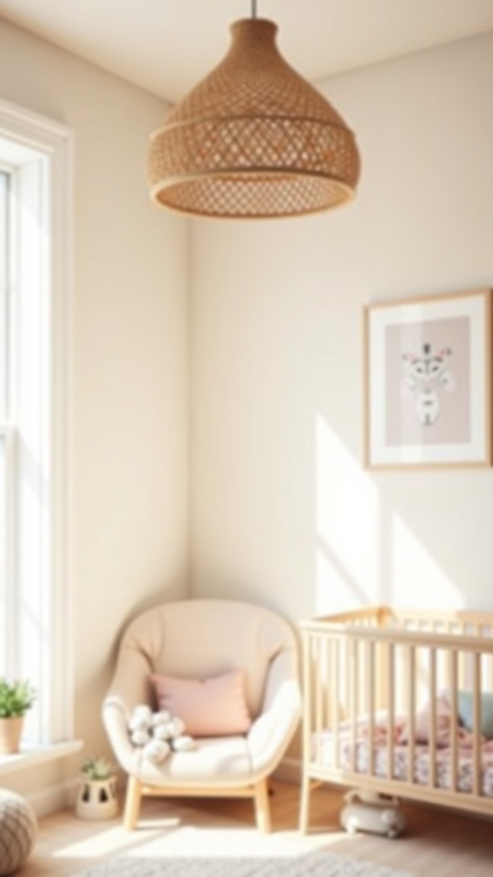 Rattan drum pendant light fixture in a soft, styled girl nursery