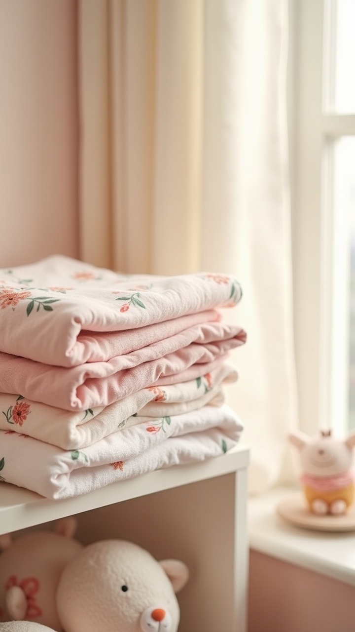 Stack of blush and floral muslin swaddles on an open nursery shelf