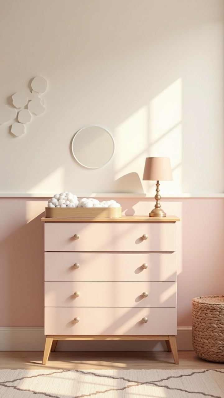 Styled blush nursery dresser doubling as a changing station with a lamp and tray