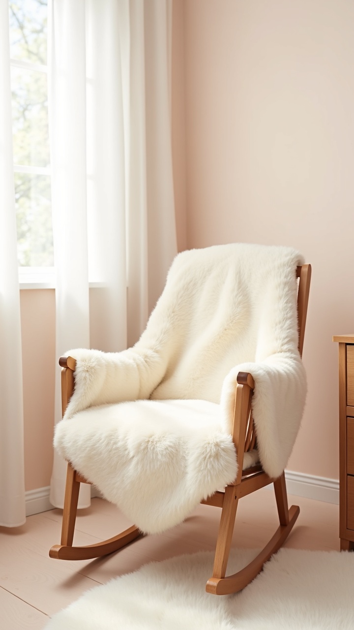 Soft faux sheepskin draped over a glider in a warm, cozy girl nursery