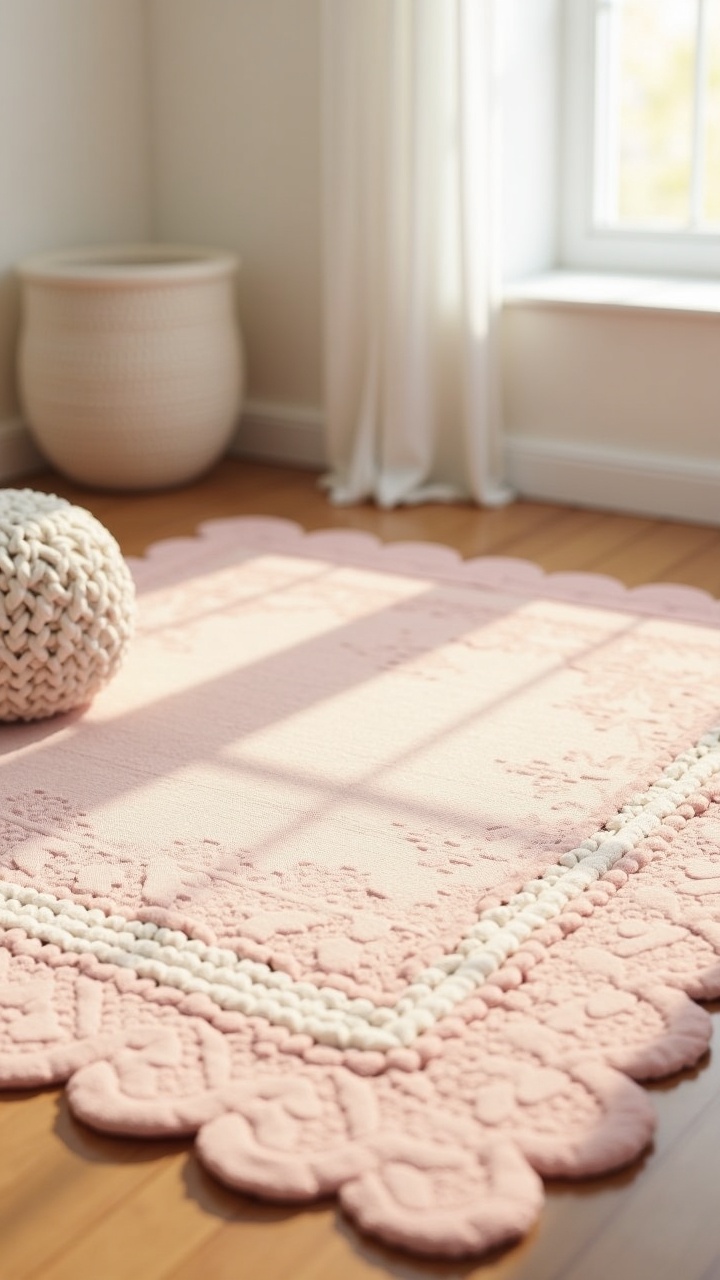 Scalloped blush vintage-style rug on a wood floor in a girl nursery
