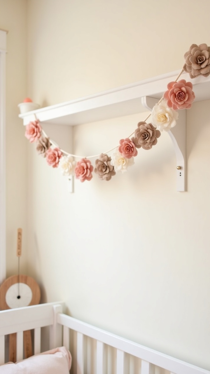 Muslin and felt flower bunting garland draped on a nursery wall shelf