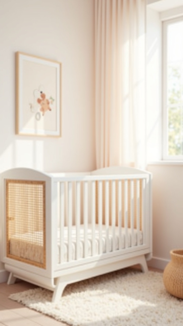 White crib with rattan cane detailing in a soft girl nursery