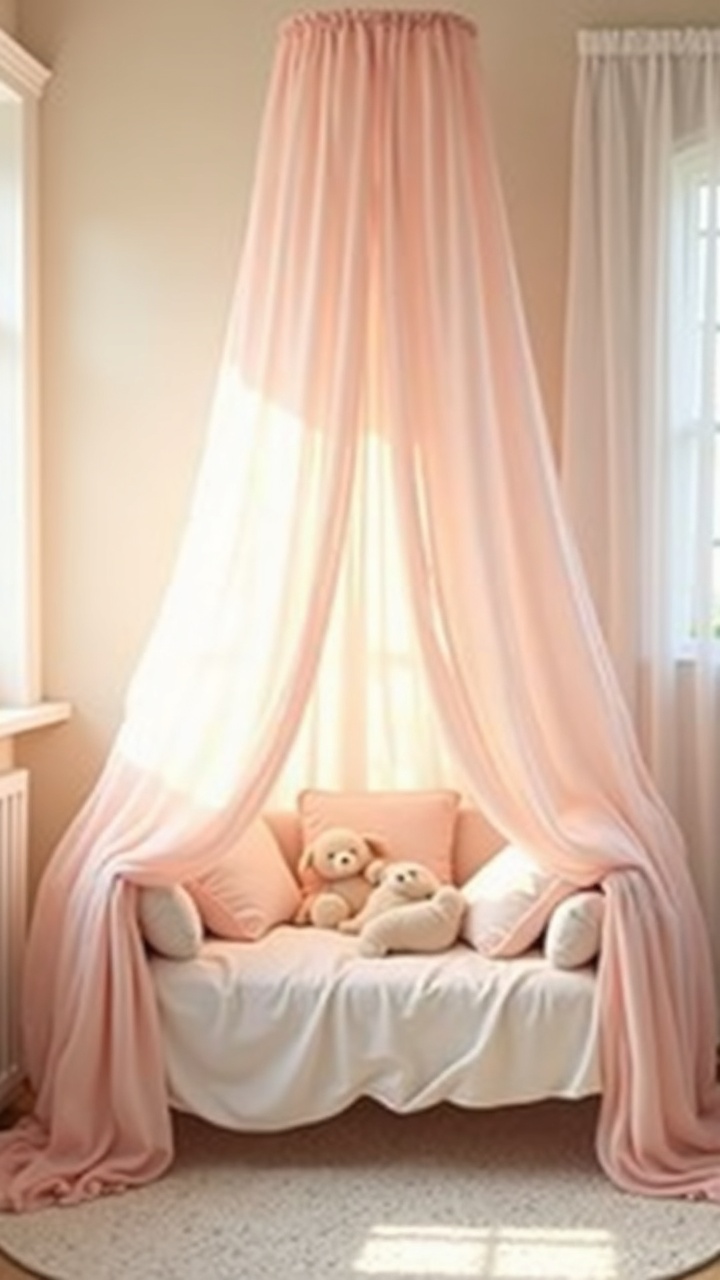 Sheer blush canopy draped softly above a reading nook in a girl nursery