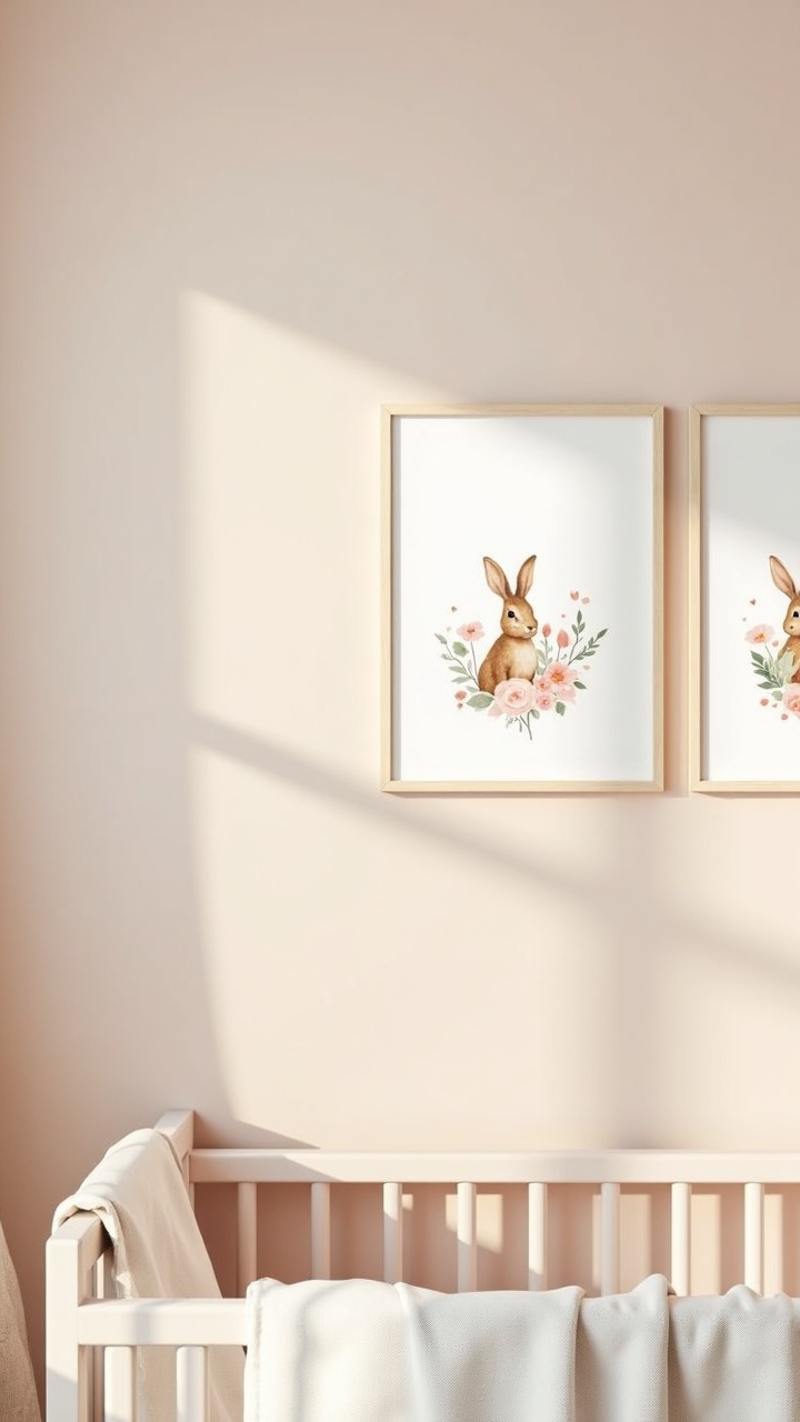 Trio of framed floral and bunny watercolor prints on a girl nursery wall