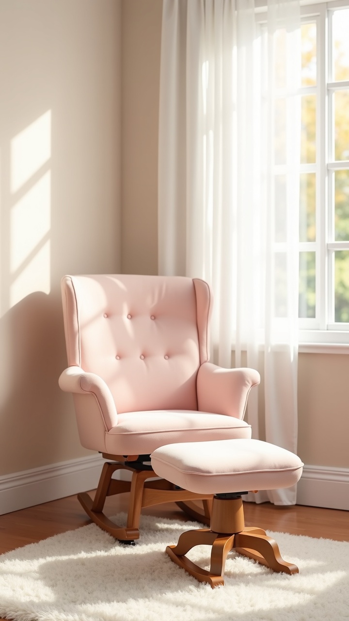 Blush upholstered glider chair with an ottoman in a cozy girl nursery corner