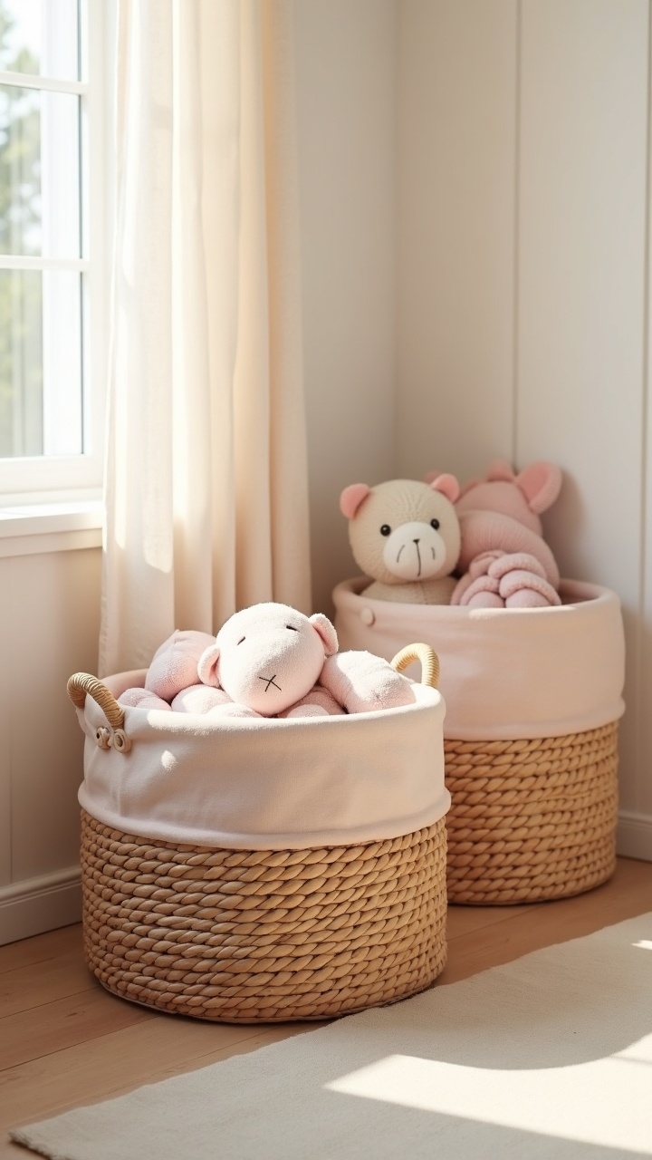Woven and blush fabric storage baskets holding toys in a girl nursery