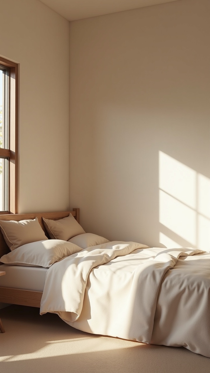 Cozy couples bedroom corner in warm greige and cream with walnut wood accents