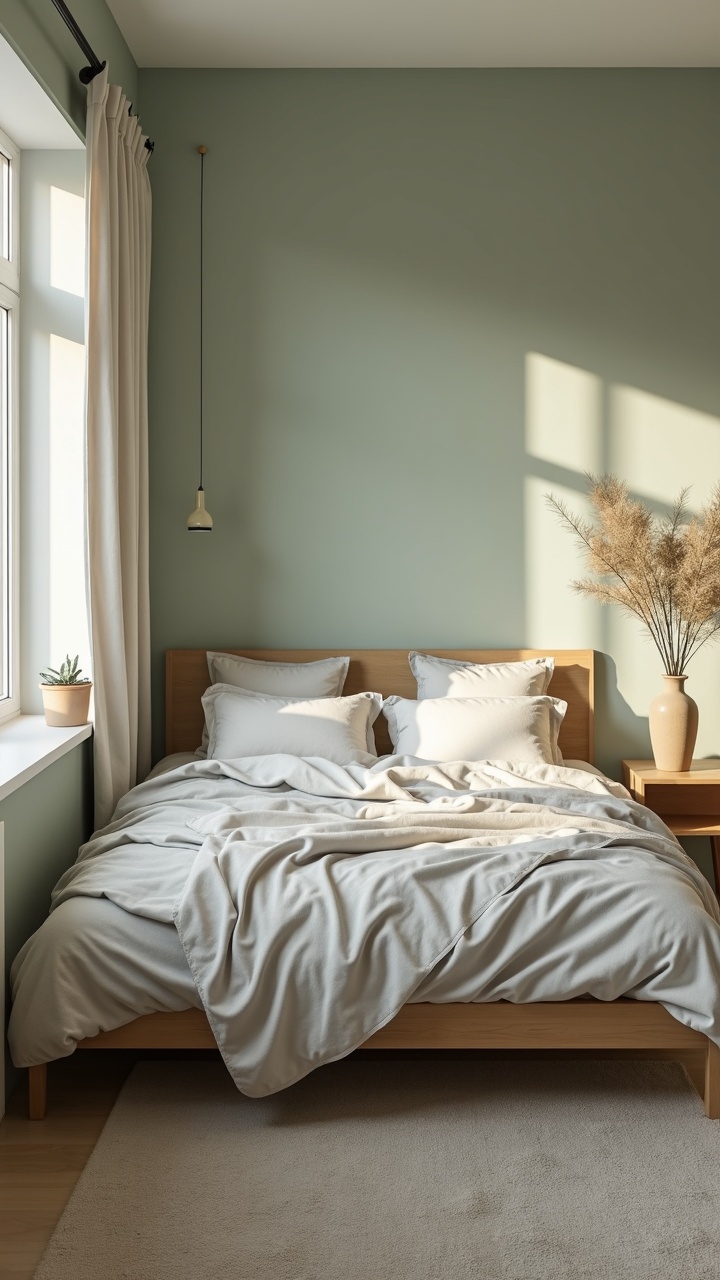 Calm bedroom in soft sage green and grey with an oak bed and linen bedding