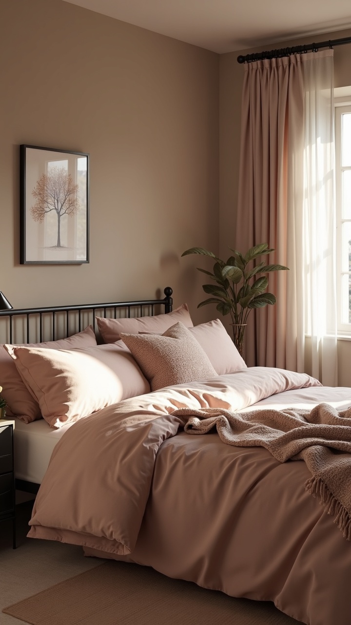 Bedroom in warm taupe and blush neutrals with black metal accents