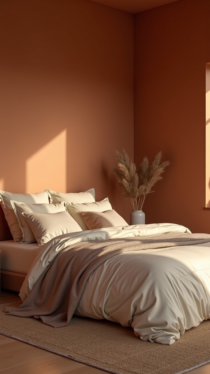 Earthy bedroom in terracotta and cream with natural wood and woven textures