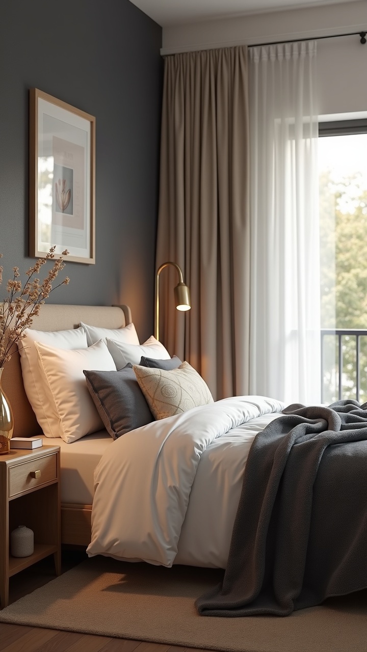 Serene bedroom in deep navy and warm white with brass accents