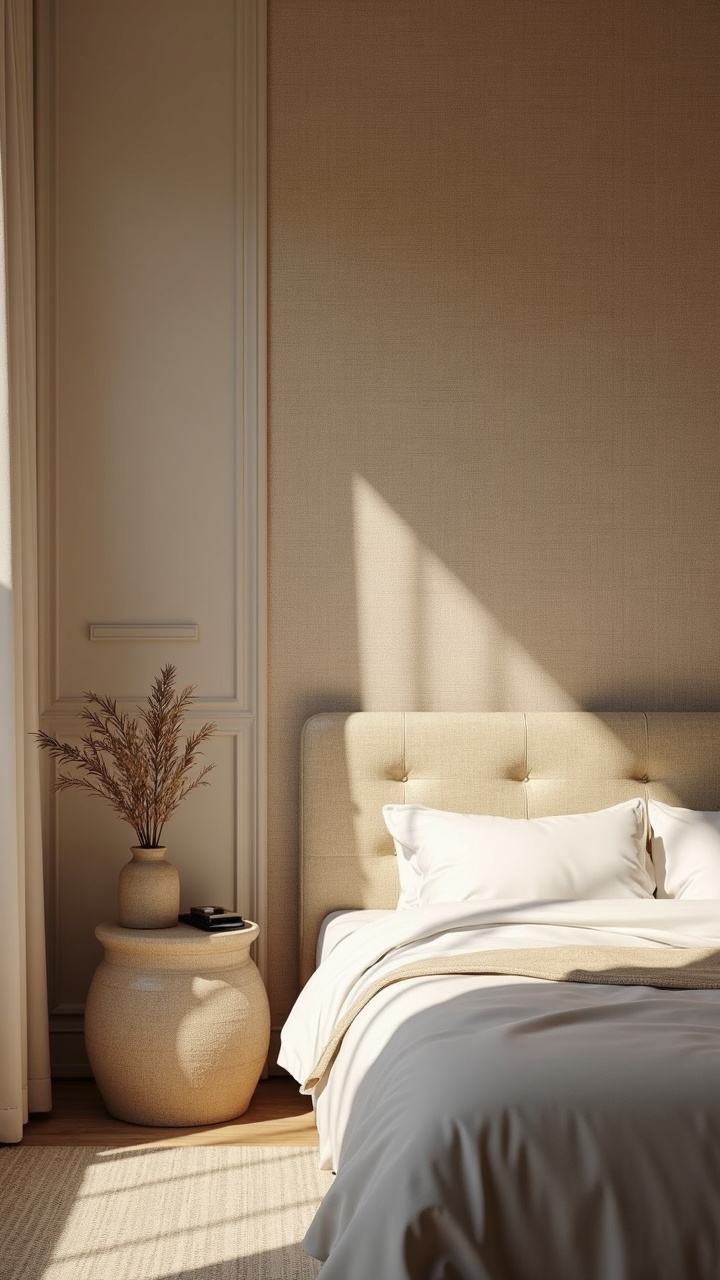 Grasscloth wallpaper feature wall behind an upholstered bed in a cozy bedroom