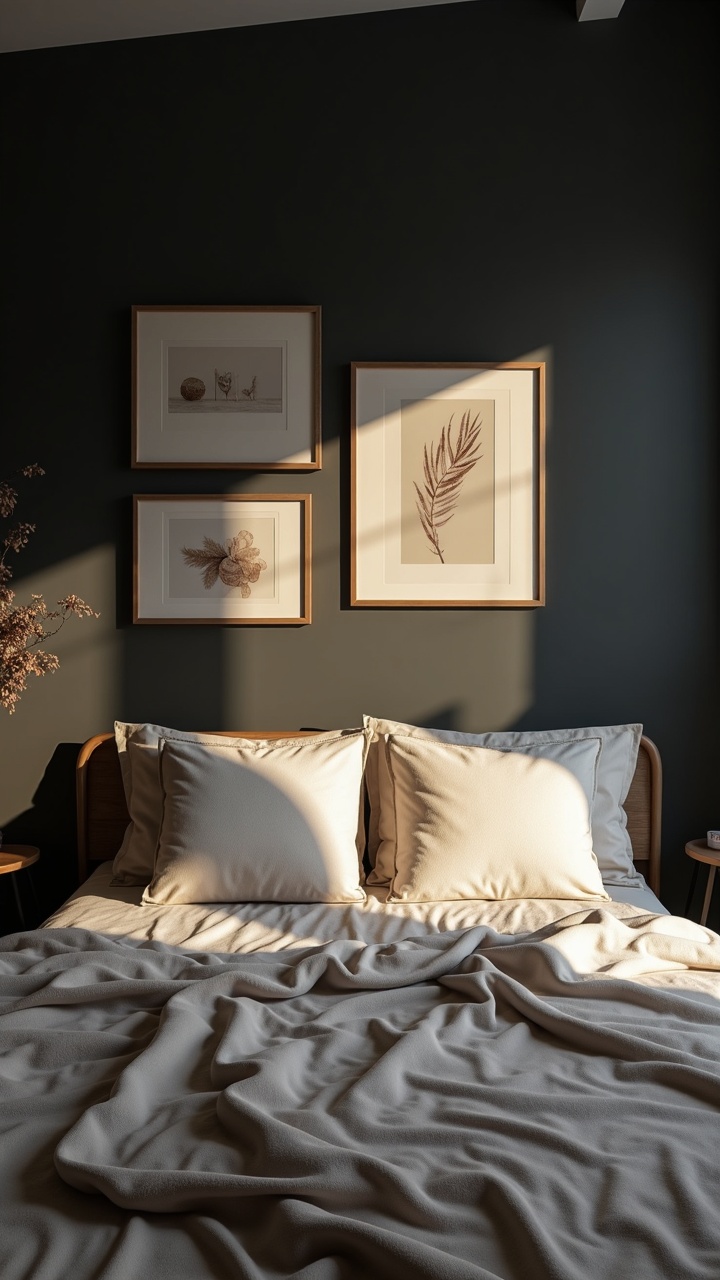 Moody charcoal accent wall behind a bed with layered art prints