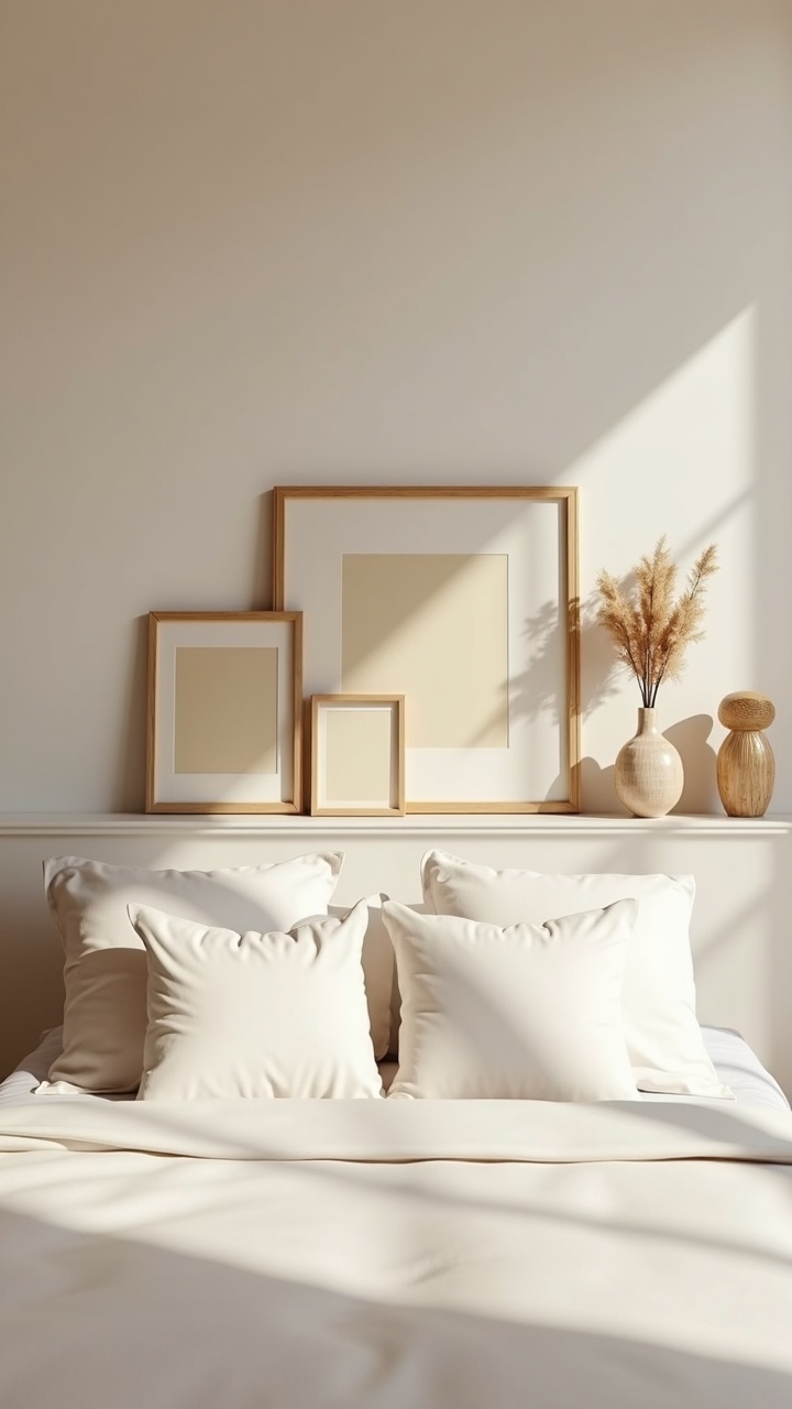Slim picture ledge with layered framed prints and a dried floral stem above a bed
