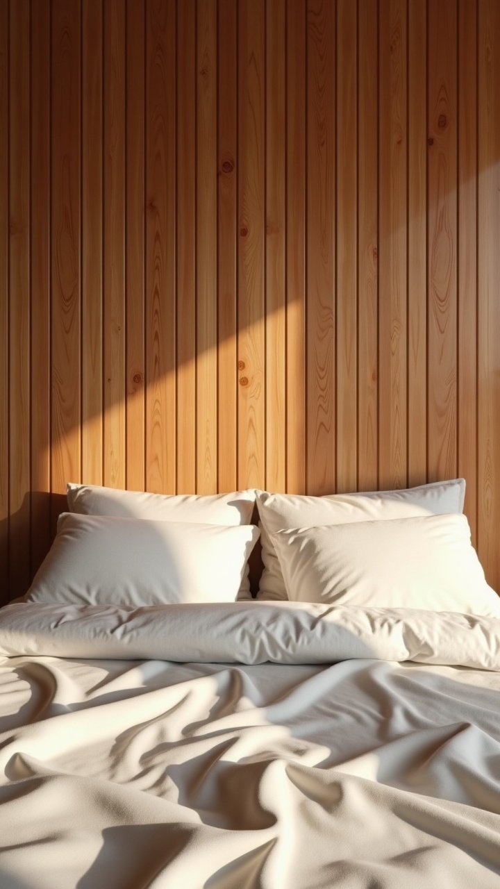 Warm wood slat paneling on a bedroom wall behind a low bed