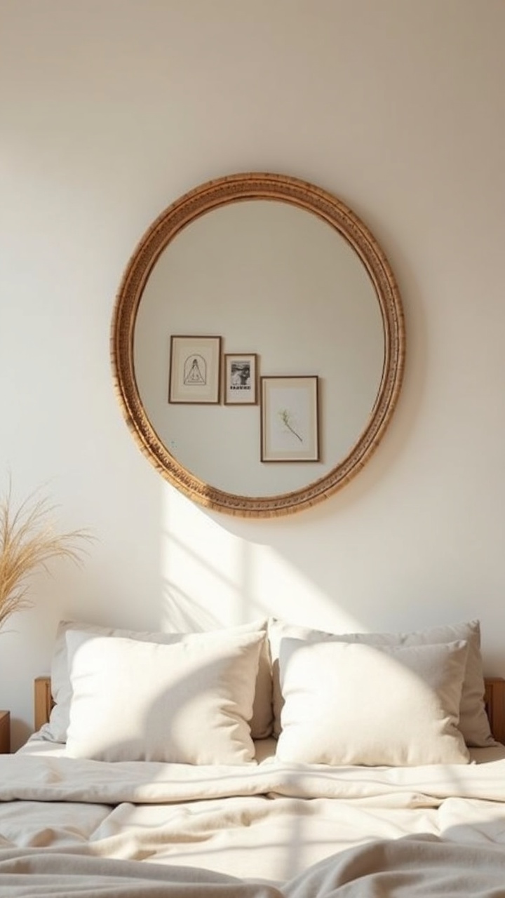Oversized round rattan mirror and a small gallery of frames on a neutral bedroom wall
