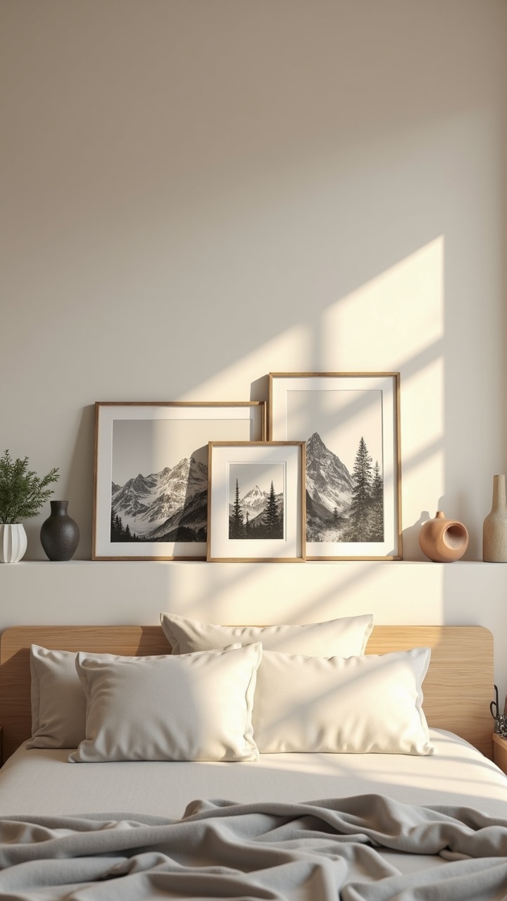 Black-and-white framed travel prints layered on a bedroom picture ledge