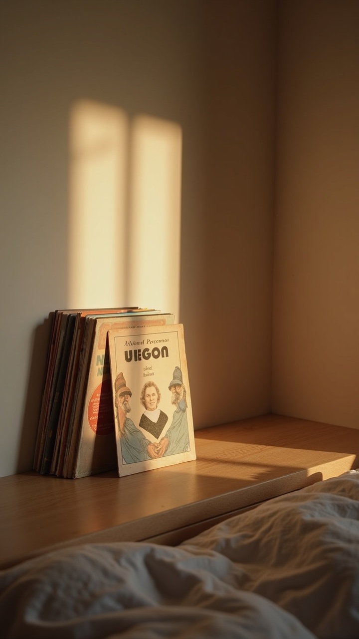 Small stack of favorite books and a vintage record sleeve on a bedroom shelf