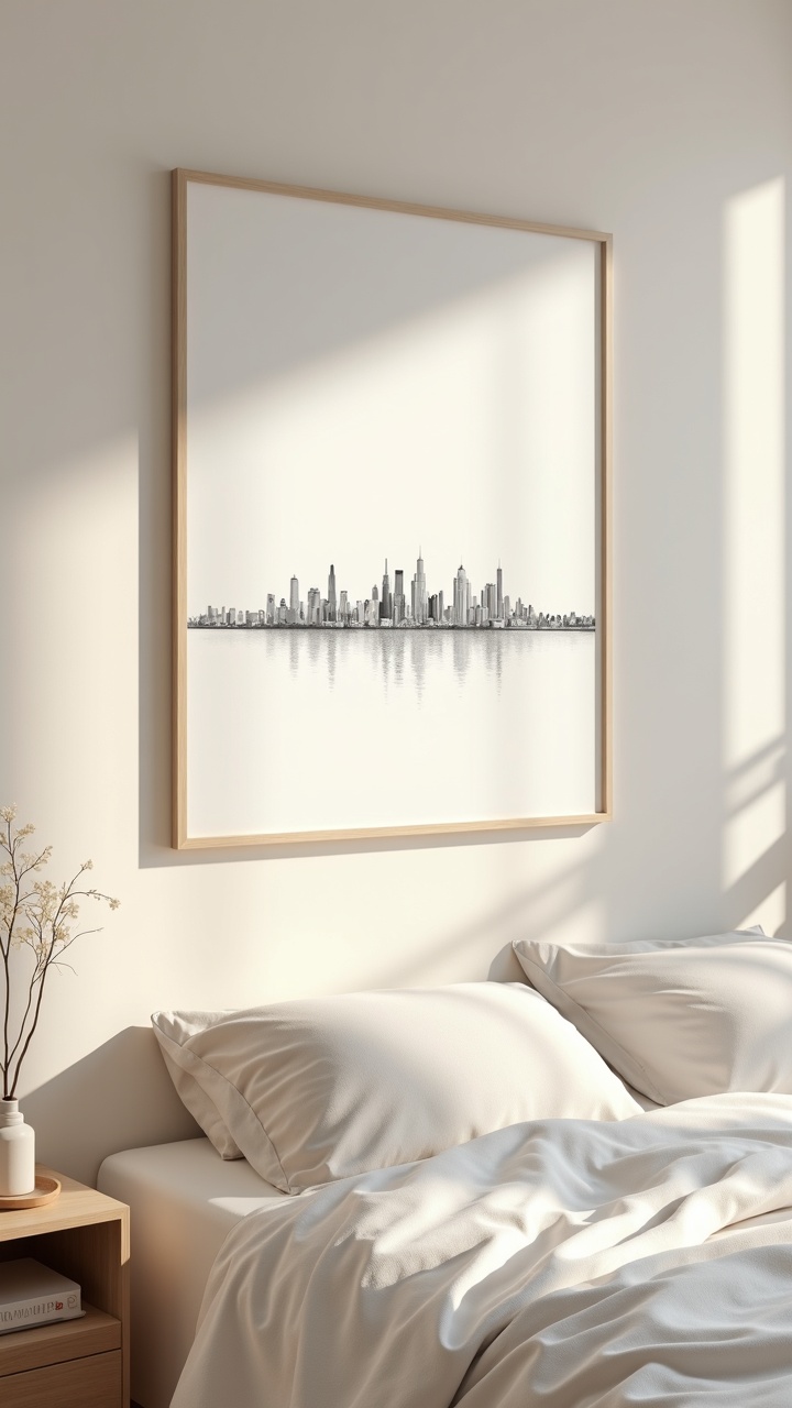 Minimalist line-art print of a city skyline framed on a cozy bedroom wall