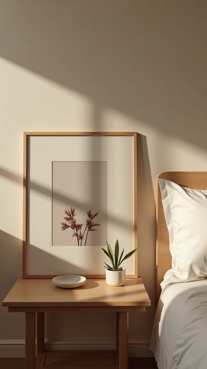 Curated nightstand with a framed photo, a small plant, and a ceramic dish