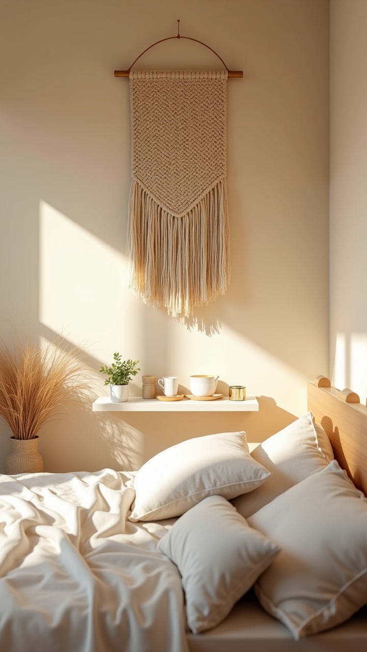 Woven wall hanging and a shelf of meaningful keepsakes in a cozy bedroom