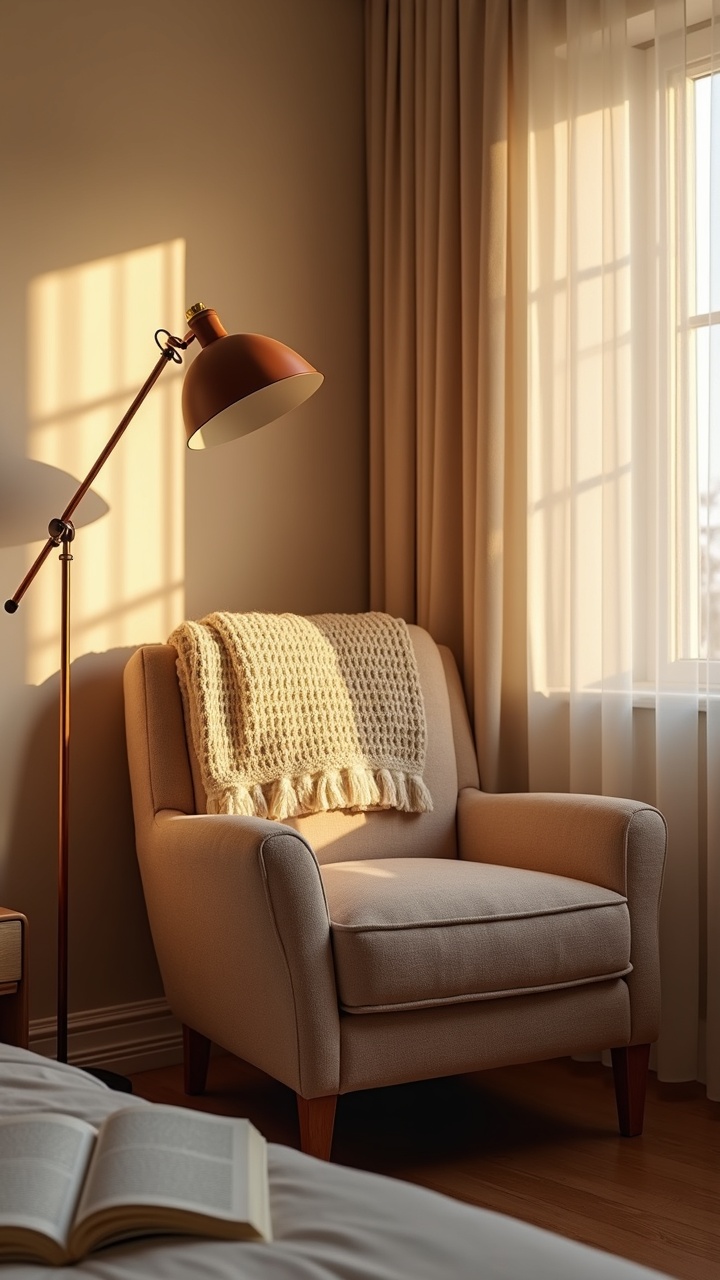 Cozy reading armchair with a knit throw and a floor lamp in a bedroom corner
