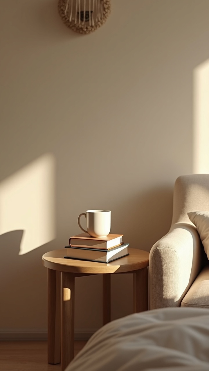 Small round side table with a stack of books and a mug beside a bedroom armchair