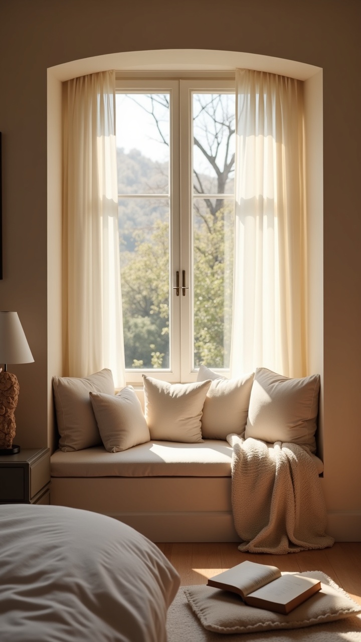 Window-side reading nook with a cushioned bench and pillows in a cozy bedroom
