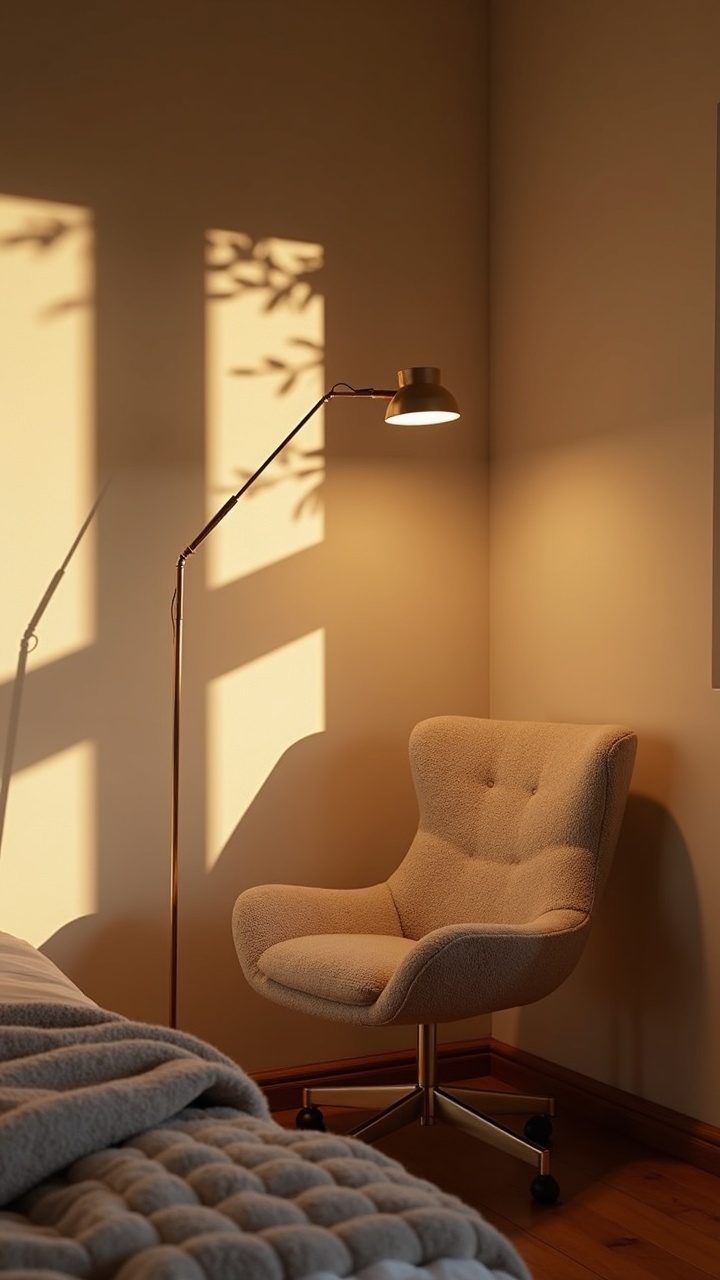Slim arc floor lamp arching over a boucle reading chair in a cozy bedroom