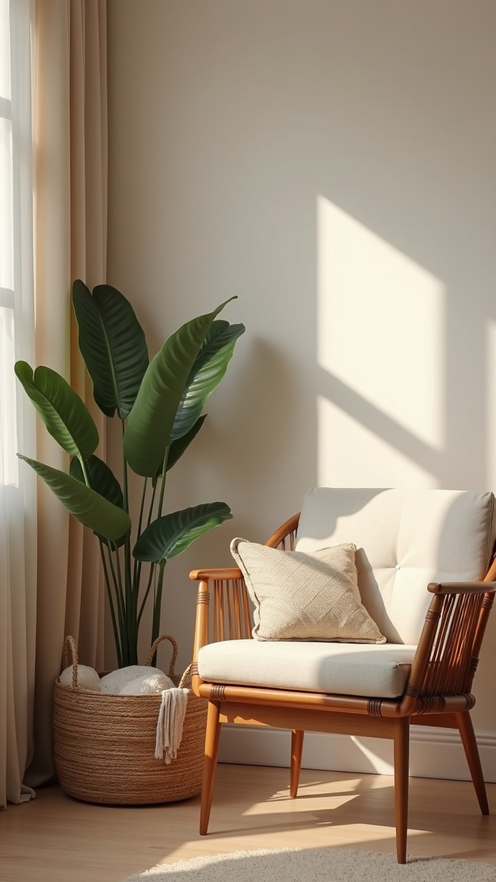 Leafy plant and a basket of blankets beside a reading chair in a cozy bedroom corner