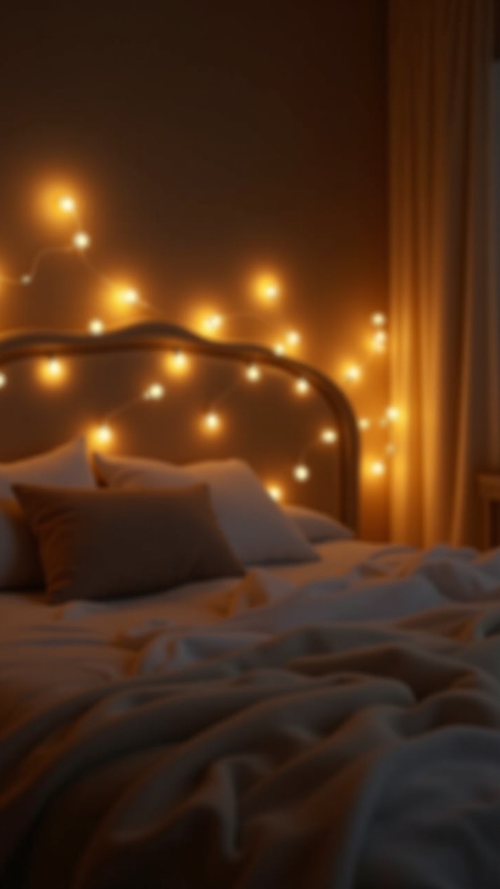 Warm fairy string lights draped along an upholstered headboard in a cozy bedroom at dusk