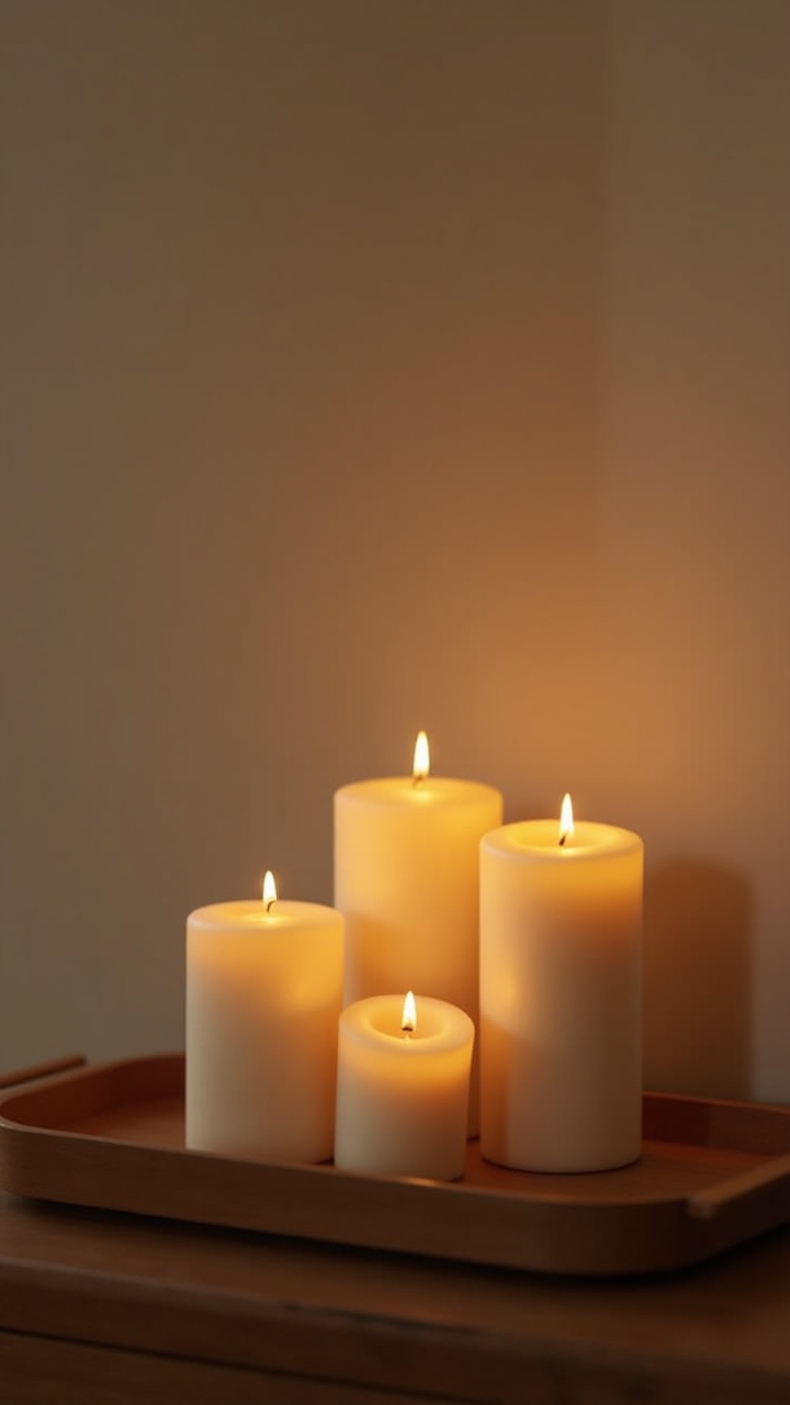 Cluster of pillar candles on a wooden tray on a bedroom dresser with a warm glow