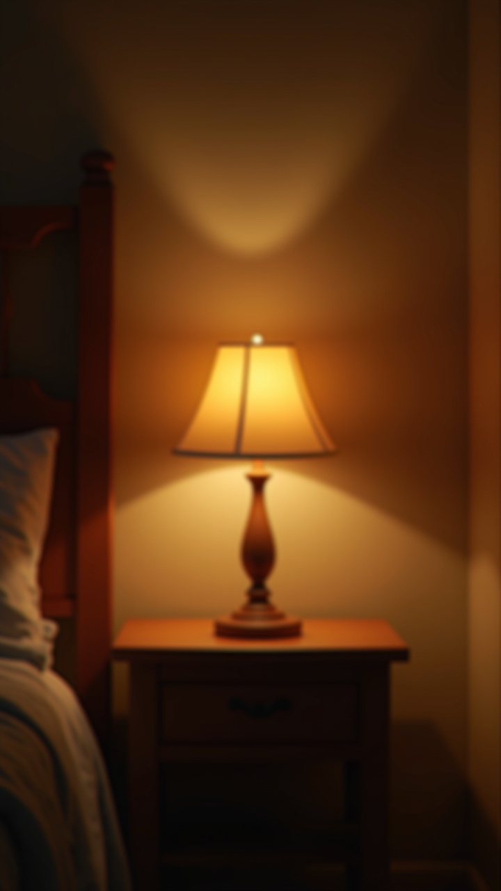 Bedside table lamp casting a warm pool of light in a cozy dim bedroom