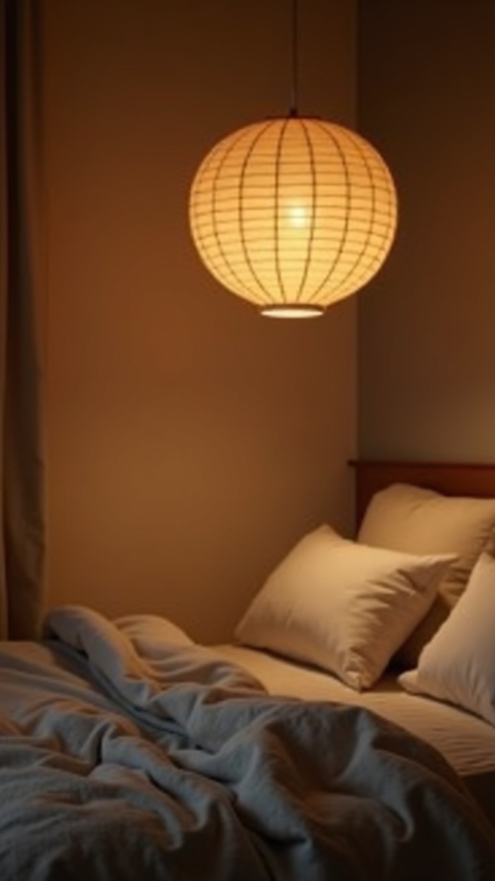 Paper lantern pendant glowing softly above a bed in a cozy bedroom