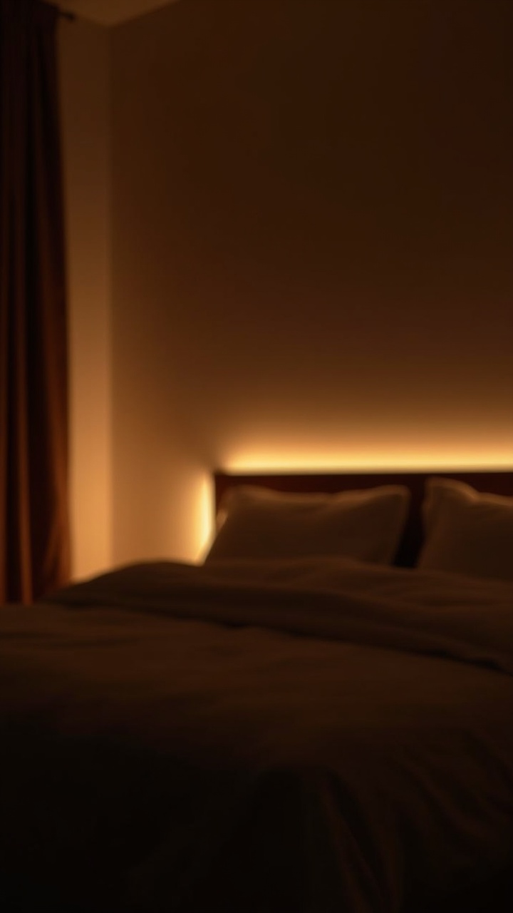 LED strip glowing warmly behind a headboard in a cozy dim bedroom