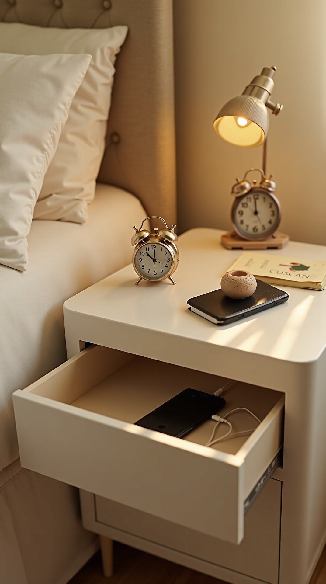 Tidy bedroom nightstand with a hidden-in-drawer charging spot and a small analog alarm clock