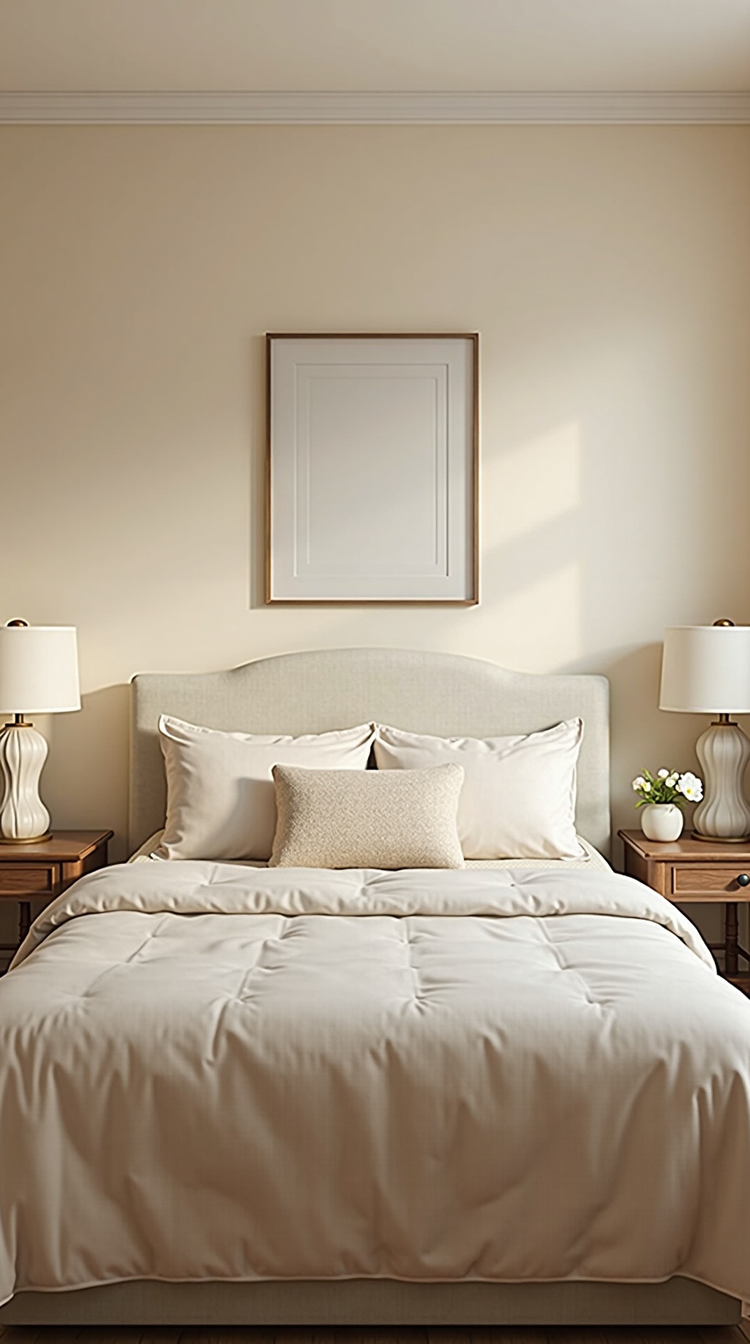 Symmetrical restful bedroom with matching nightstands, matching lamps, and centered art above the bed