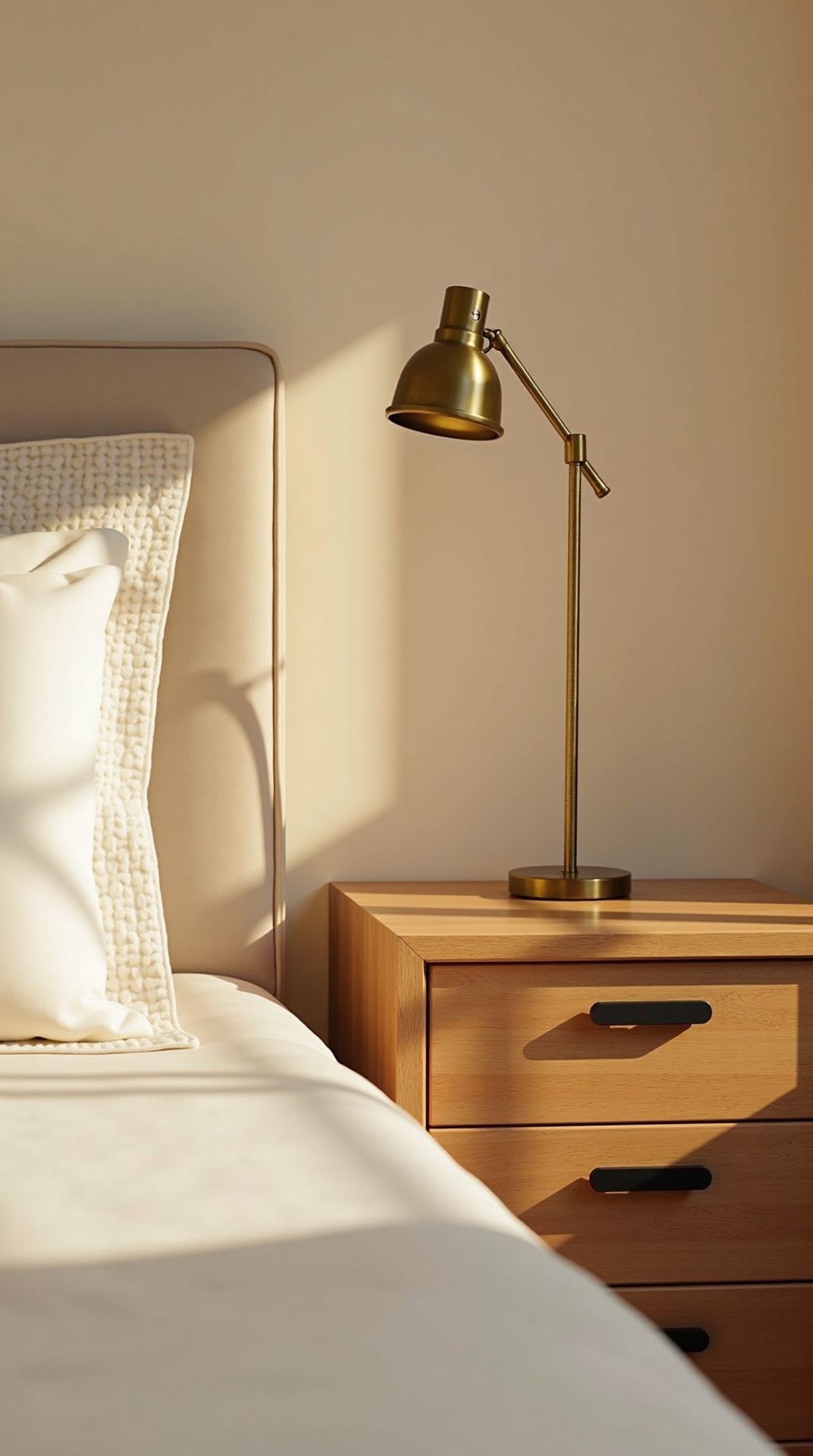 Intentionally mixed metals with a warm brass lamp and matte black hardware in a cozy bedroom