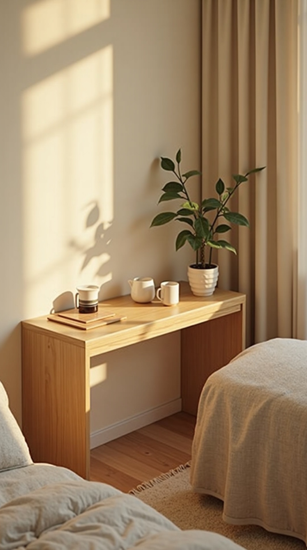 Small coffee and tea corner with a slim console, a kettle, two mugs, and a potted plant in a bedroom