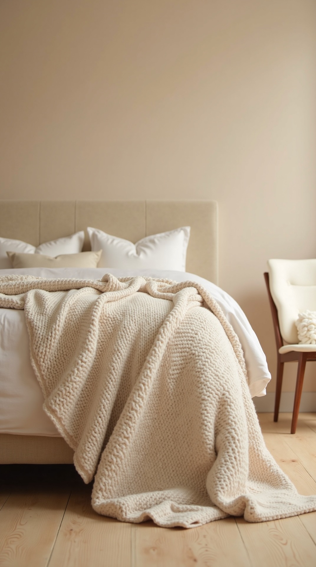Soft layered throw blankets with a chunky knit and a waffle cotton draped over the bed and a chair