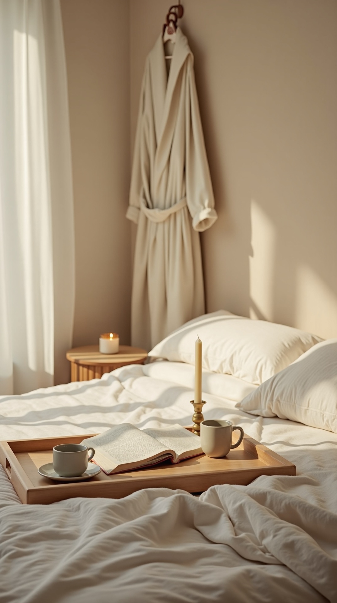 Serene cozy bedroom in soft morning light with a made bed, two mugs, a book, and a lit candle