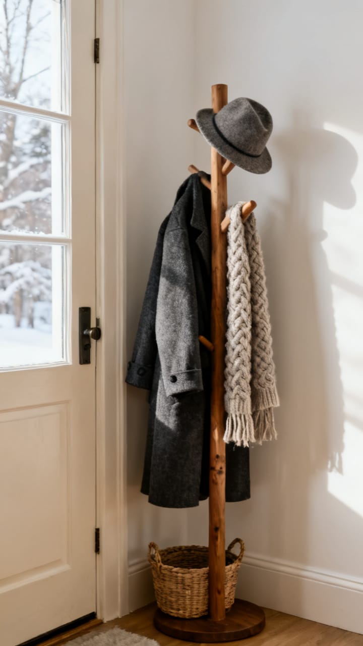 Photorealistic winter entryway with a freestanding wooden coat rack near the door holding a wool coat, a chunky knit scarf and a felt hat, a small woven basket at its base, warm neutral palette with creamy whites and charcoal, soft diffused winter daylight from a side window