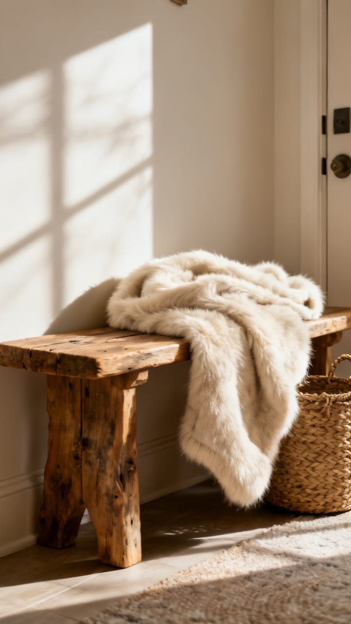 Photorealistic entryway bench topped with a soft ivory faux fur throw draped casually, a rustic wood bench, a woven basket beside it, warm neutral tones, gentle winter morning light with soft shadows, tactile cozy texture