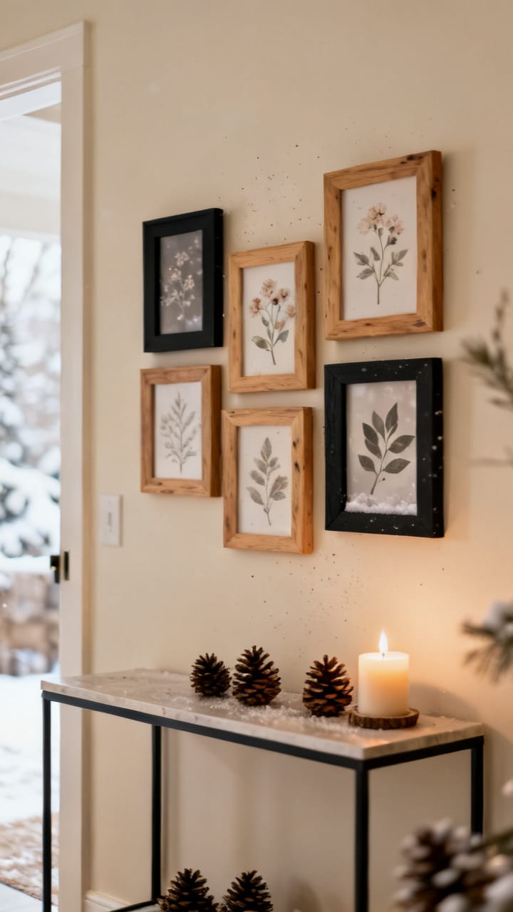 Photorealistic small framed gallery wall above an entry console in winter, mix of black and natural wood frames with soft winter botanical prints, a few pinecones and a candle on the console below, warm neutral palette, soft daylight