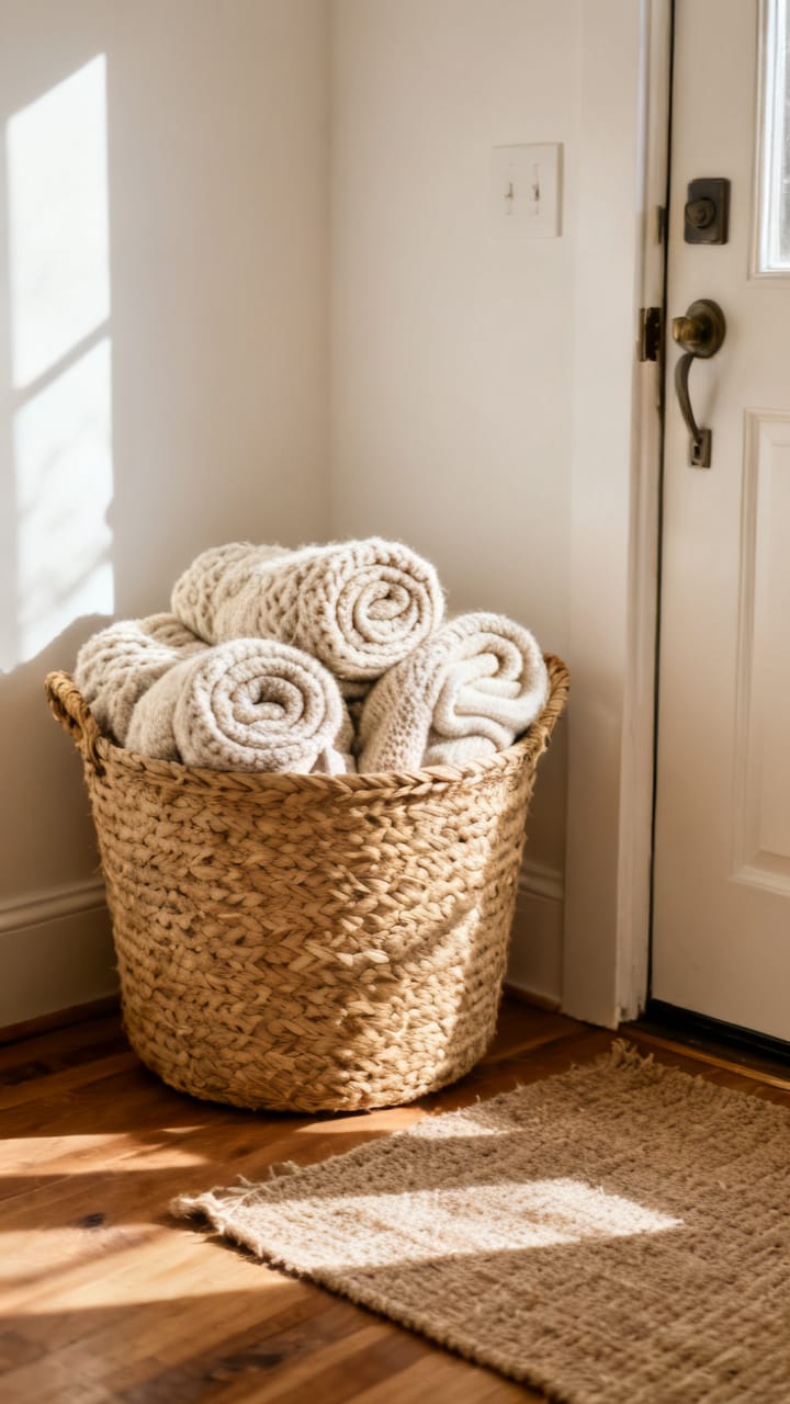 Photorealistic large seagrass basket by a front door filled with rolled chunky knit throws in cream and oatmeal, a wood floor with a jute runner, warm winter light from the side, cozy and lived-in