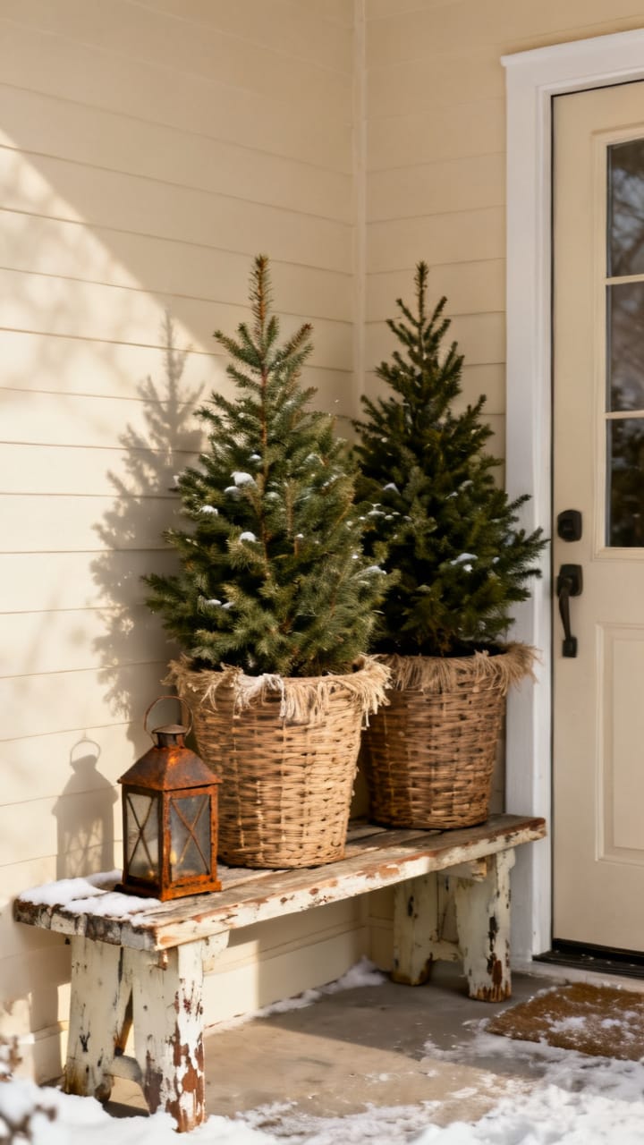 Photorealistic winter entryway corner with two potted evergreen shrubs in woven planters beside the door, a wood bench and a small lantern, warm neutral palette, soft diffused winter daylight