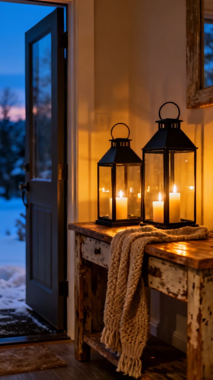 Photorealistic two black metal floor lanterns with lit pillar candles by an entryway door at dusk, warm candle glow, a wood console and a knit throw nearby, cozy winter atmosphere, soft ambient light