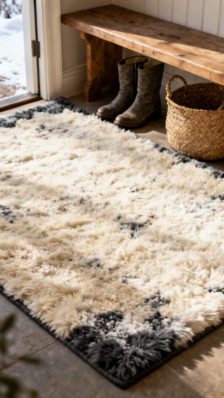 Photorealistic ground-level winter entryway with a plush low-pile rug in warm cream and charcoal under an entry bench, a pair of boots and a woven basket at the edge, soft winter daylight, tactile texture